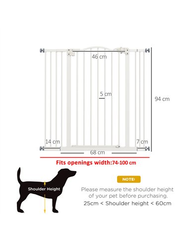PawHut Pressure Fit Dog Stair Gate No Drilling Safety Gate Auto Close for Doorways, Hallways, 74-100cm Adjustable, 94cm Tall, Wh