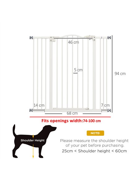 PawHut Pressure Fit Dog Stair Gate No Drilling Safety Gate Auto Close for Doorways, Hallways, 74-100cm Adjustable, 94cm Tall, Wh - pic 143464 | FastDaddyshop