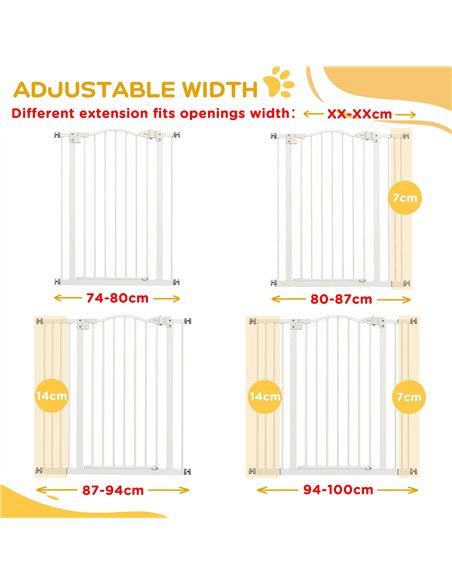 PawHut Pressure Fit Dog Stair Gate No Drilling Safety Gate Auto Close for Doorways, Hallways, 74-100cm Adjustable, 94cm Tall, Wh - pic 143469 | FastDaddyshop