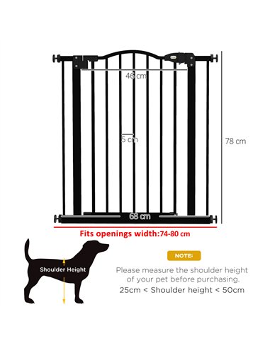 PawHut Metal 74-80cm Adjustable Pet Gate Safety Barrier w/ Auto-Close Door Black