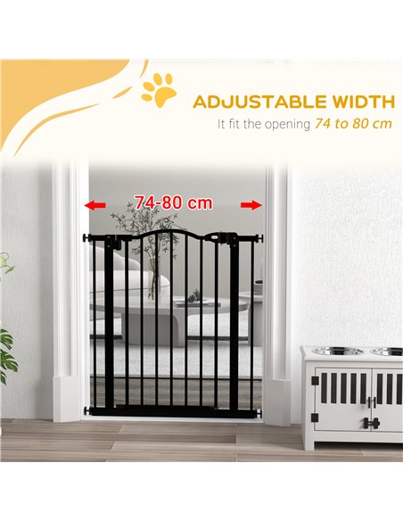PawHut Metal 74-80cm Adjustable Pet Gate Safety Barrier w/ Auto-Close Door Black - pic 143486 | FastDaddyshop