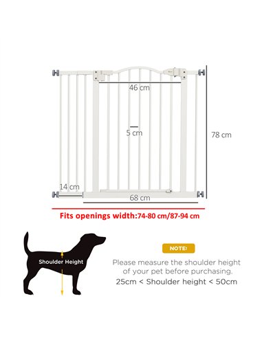 PawHut Metal 74-94cm Adjustable Pet Gate Safety Barrier w/ Auto-Close Door White