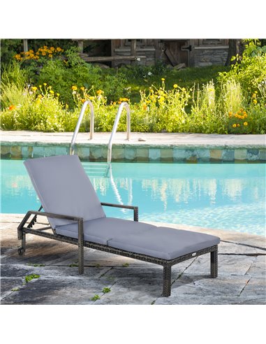 Outsunny Outdoor PE Rattan Sun Lounger with 5-Level Adjustable Backrest and 2 Wheels, Mixed Grey