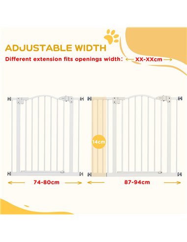 PawHut Metal 74-94cm Adjustable Pet Gate Safety Barrier w/ Auto-Close Door White