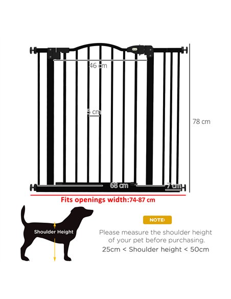 PawHut Metal 74-87cm Adjustable Pet Gate Safety Barrier w/ Auto-Close Door Black - pic 143536 | FastDaddyshop