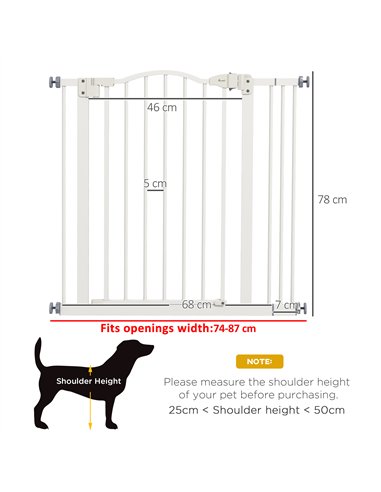 PawHut Metal 74-87cm Adjustable Pet Gate Safety Barrier w/ Auto-Close Door White