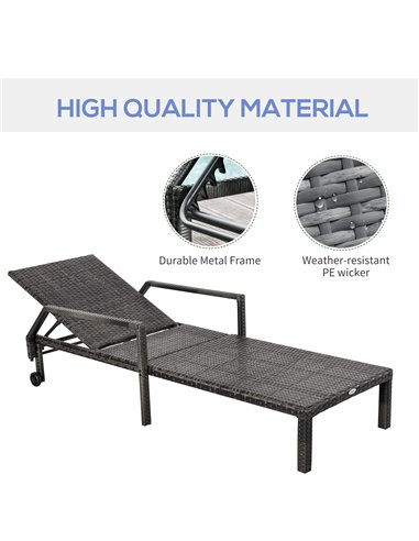 Outsunny Outdoor PE Rattan Sun Lounger with 5-Level Adjustable Backrest and 2 Wheels, Mixed Grey