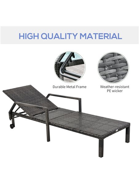 Outsunny Outdoor PE Rattan Sun Lounger with 5-Level Adjustable Backrest and 2 Wheels, Mixed Grey - pic 14355 | FastDaddyshop