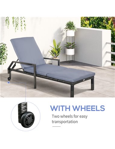 Outsunny Outdoor PE Rattan Sun Lounger with 5-Level Adjustable Backrest and 2 Wheels, Mixed Grey