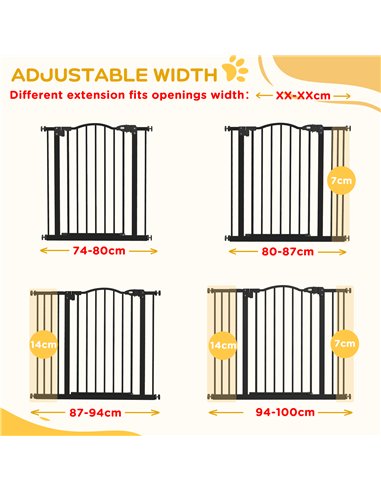 PawHut Metal 74-100cm Adjustable Pet Gate Safety Barrier w/ Auto-Close Door Black
