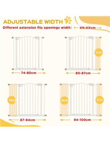 PawHut Metal 74-100cm Adjustable Pet Gate Safety Barrier w/ Auto-Close Door White