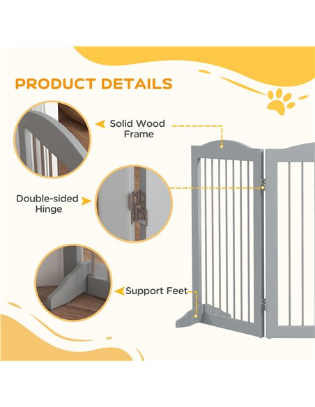PawHut Foldable Dog Gate, Freestanding Pet Gate, with Two Support Feet, for Staircases, Hallways, Doorways - Grey - pic 143674 | FastDaddyshop