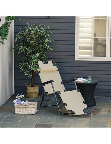Outsunny 2 in 1 Sun Lounger Folding Reclining Chair Garden Outdoor Camping Adjustable Back with Pillow Beige