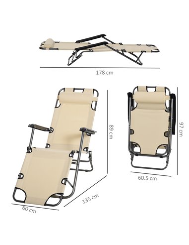 Outsunny 2 in 1 Sun Lounger Folding Reclining Chair Garden Outdoor Camping Adjustable Back with Pillow Beige
