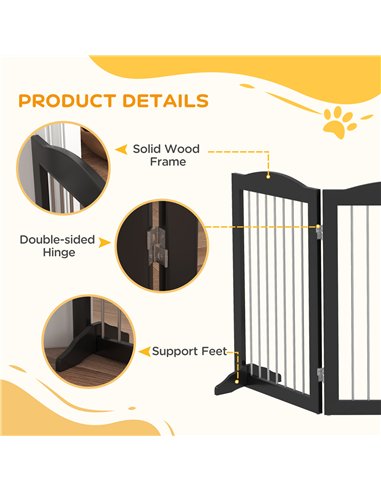 PawHut Foldable Dog Gate, Freestanding Pet Gate, with Two Support Feet, for Staircases, Hallways, Doorways - Black