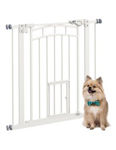 PawHut Pressure Fit Stair Gate, Dog Gate w/ Small Cat Door, Auto Closing System, Double Locking Openings, 74-80cm - White