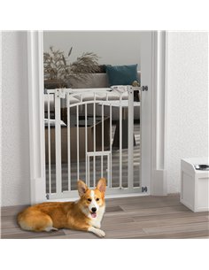 PawHut Pressure Fit Stair Gate, Dog Gate w/ Small Cat Door, Auto Closing System, Double Locking Openings, 74-80cm - White 2