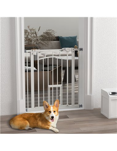 PawHut Pressure Fit Stair Gate, Dog Gate w/ Small Cat Door, Auto Closing System, Double Locking Openings, 74-80cm - White