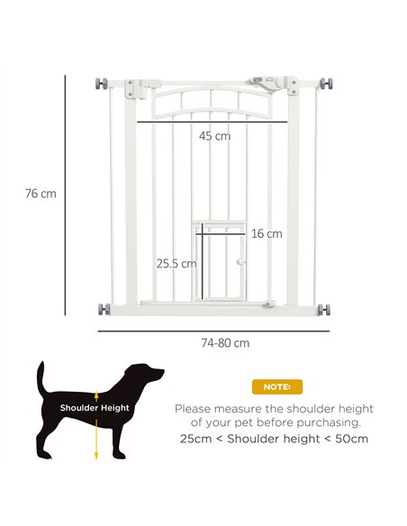 PawHut Pressure Fit Stair Gate, Dog Gate w/ Small Cat Door, Auto Closing System, Double Locking Openings, 74-80cm - White - pic 143725 | FastDaddyshop