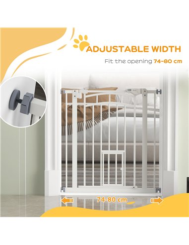 PawHut Pressure Fit Stair Gate, Dog Gate w/ Small Cat Door, Auto Closing System, Double Locking Openings, 74-80cm - White