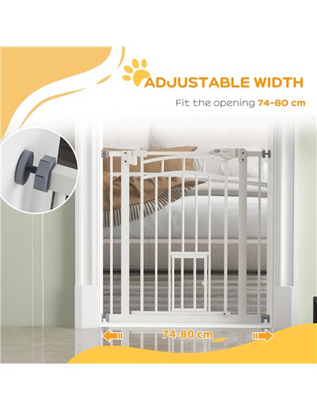 PawHut Pressure Fit Stair Gate, Dog Gate w/ Small Cat Door, Auto Closing System, Double Locking Openings, 74-80cm - White - pic 143729 | FastDaddyshop