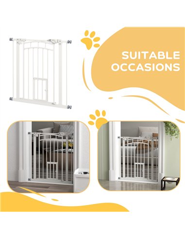PawHut Pressure Fit Stair Gate, Dog Gate w/ Small Cat Door, Auto Closing System, Double Locking Openings, 74-80cm - White