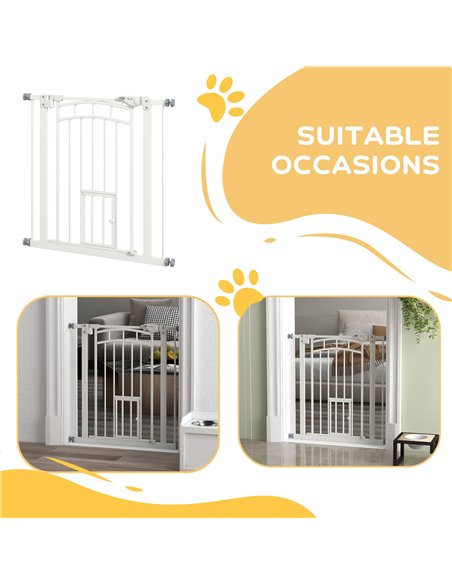 PawHut Pressure Fit Stair Gate, Dog Gate w/ Small Cat Door, Auto Closing System, Double Locking Openings, 74-80cm - White - pic 143731 | FastDaddyshop