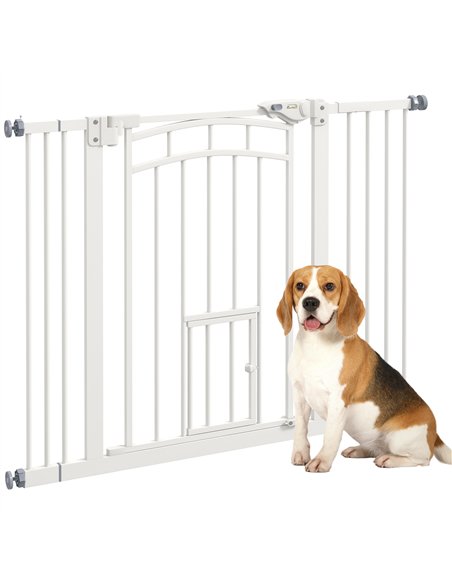 PawHut Pressure Fit Stair Dog Gate w/ Small Cat Door, Automatic Closing Door, Double Locking, for 74-100cm Openings - White - pic 143732 | FastDaddyshop