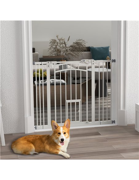 PawHut Pressure Fit Stair Dog Gate w/ Small Cat Door, Automatic Closing Door, Double Locking, for 74-100cm Openings - White - pic 143733 | FastDaddyshop