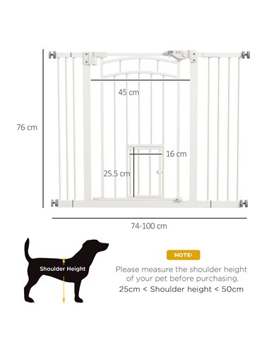 PawHut Pressure Fit Stair Dog Gate w/ Small Cat Door, Automatic Closing Door, Double Locking, for 74-100cm Openings - White