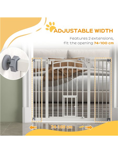PawHut Pressure Fit Stair Dog Gate w/ Small Cat Door, Automatic Closing Door, Double Locking, for 74-100cm Openings - White - pic 143738 | FastDaddyshop