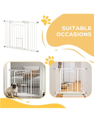PawHut Pressure Fit Stair Dog Gate w/ Small Cat Door, Automatic Closing Door, Double Locking, for 74-100cm Openings - White