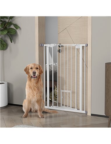 PawHut Extra Tall Pet Gate, Indoor Dog Safety Gate, with Cat Flap, Auto Close, 74-80cm Wide - White
