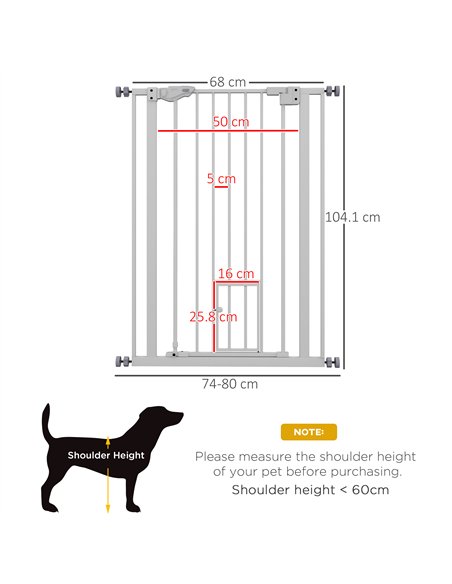 PawHut Extra Tall Pet Gate, Indoor Dog Safety Gate, with Cat Flap, Auto Close, 74-80cm Wide - White - pic 143743 | FastDaddyshop