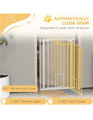PawHut Extra Tall Pet Gate, Indoor Dog Safety Gate, with Cat Flap, Auto Close, 74-80cm Wide - White