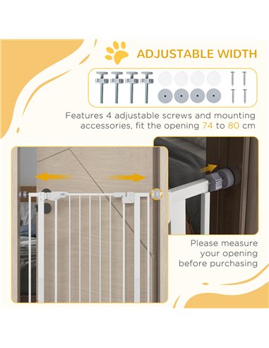 PawHut Extra Tall Pet Gate, Indoor Dog Safety Gate, with Cat Flap, Auto Close, 74-80cm Wide - White