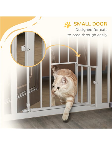 PawHut Extra Tall Pet Gate, Indoor Dog Safety Gate, with Cat Flap, Auto Close, 74-80cm Wide - White - pic 143747 | FastDaddyshop