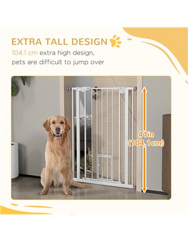 PawHut Extra Tall Pet Gate, Indoor Dog Safety Gate, with Cat Flap, Auto Close, 74-80cm Wide - White