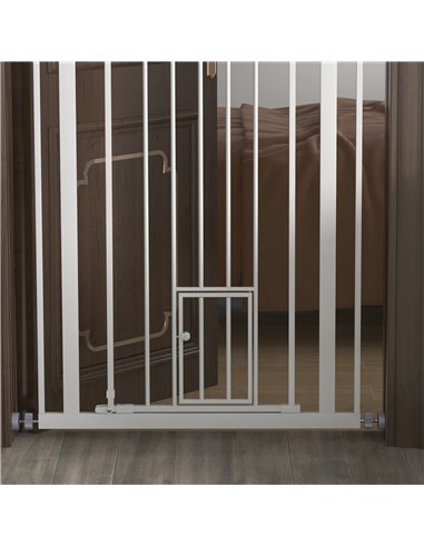 PawHut Extra Tall Pet Gate, Indoor Dog Safety Gate, with Cat Flap, Auto Close, 74-80cm Wide - White