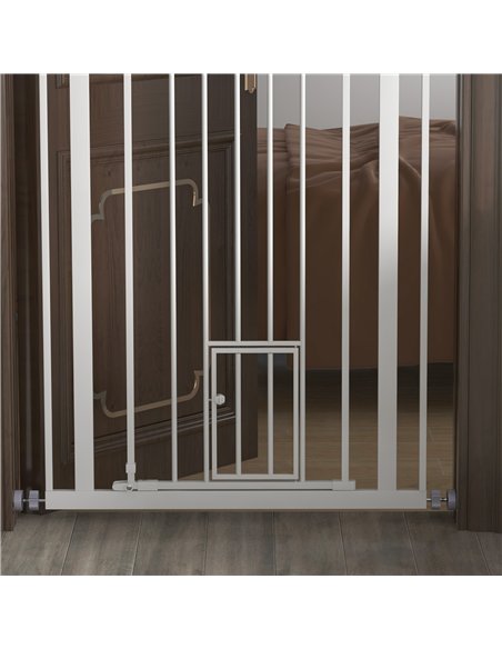 PawHut Extra Tall Pet Gate, Indoor Dog Safety Gate, with Cat Flap, Auto Close, 74-80cm Wide - White - pic 143749 | FastDaddyshop