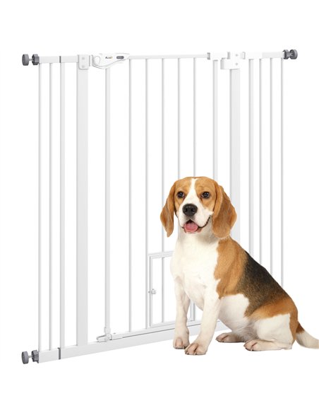 PawHut Extra Tall Pet Gate, Indoor Dog Safety Gate, with Cat Flap, Auto Close, 74-101cm Wide - White - pic 143750 | FastDaddyshop