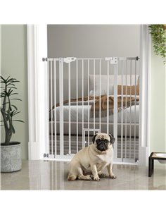 PawHut Extra Tall Pet Gate, Indoor Dog Safety Gate, with Cat Flap, Auto Close, 74-101cm Wide - White 2