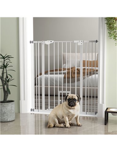 PawHut Extra Tall Pet Gate, Indoor Dog Safety Gate, with Cat Flap, Auto Close, 74-101cm Wide - White