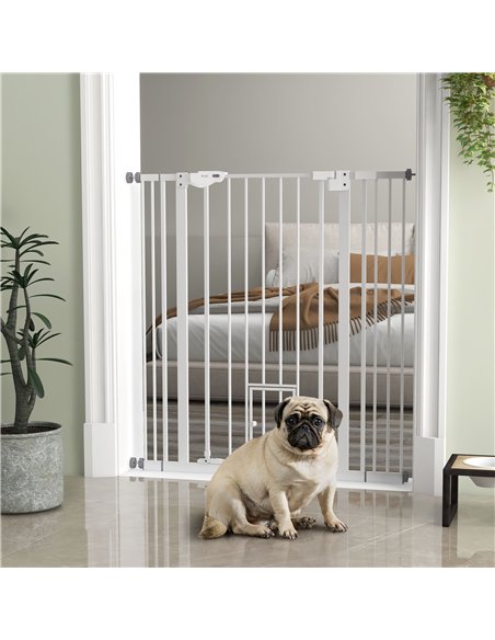 PawHut Extra Tall Pet Gate, Indoor Dog Safety Gate, with Cat Flap, Auto Close, 74-101cm Wide - White - pic 143751 | FastDaddyshop