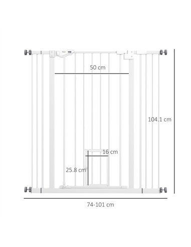 PawHut Extra Tall Pet Gate, Indoor Dog Safety Gate, with Cat Flap, Auto Close, 74-101cm Wide - White