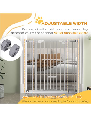 PawHut Extra Tall Pet Gate, Indoor Dog Safety Gate, with Cat Flap, Auto Close, 74-101cm Wide - White