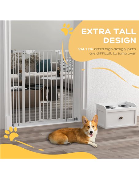 PawHut Extra Tall Pet Gate, Indoor Dog Safety Gate, with Cat Flap, Auto Close, 74-101cm Wide - White - pic 143757 | FastDaddyshop