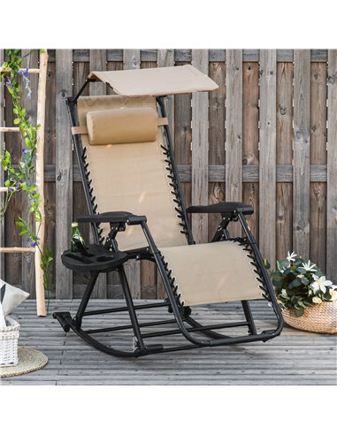 Outsunny Garden Rocking Chair Folding Recliner Outdoor Adjustable Sun Lounger Rocker Zero-Gravity Seat with Headrest Side Holder