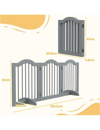 PawHut 3 Panels Dog Gate w/ Support Feet Fence Safety Barrier Freestanding Wood Light Grey