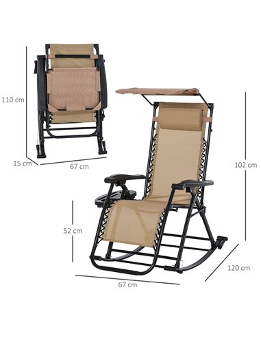 Outsunny Garden Rocking Chair Folding Recliner Outdoor Adjustable Sun Lounger Rocker Zero-Gravity Seat with Headrest Side Holder